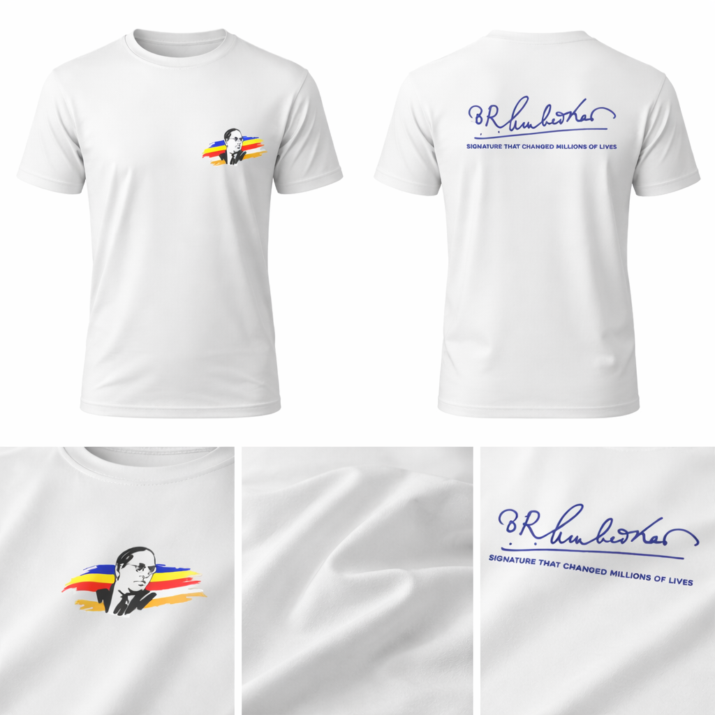 Dr. B.R. Ambedkar Signature with Panchasheel Flag Graphic T-Shirt – White | Regular Fit | 180 GSM Cotton_KIDS