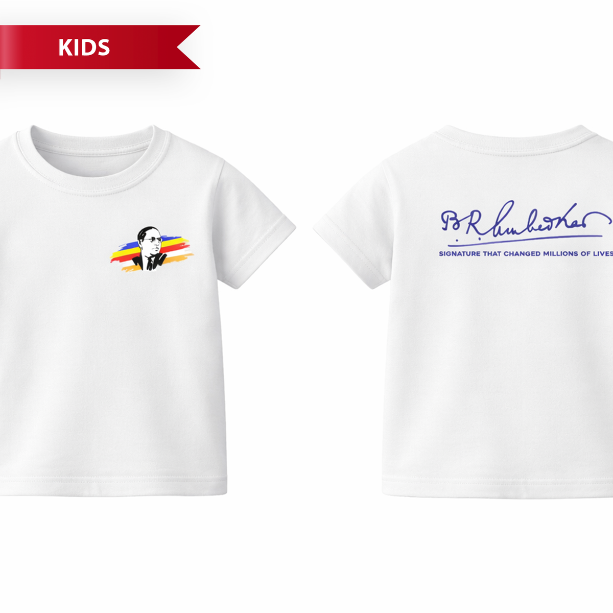 Dr. B.R. Ambedkar Signature with Panchasheel Flag Graphic T-Shirt – White | Regular Fit | 180 GSM Cotton_KIDS